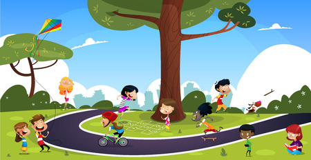 Many cartoon children play in the summer park. Illustration of happy kids playing in playground.Vector set with children.のイラスト素材
