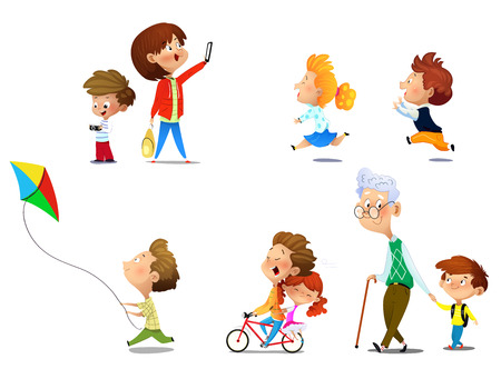 Kids playing in active games and just spending their time. Vector illustrations of funny children set.のイラスト素材