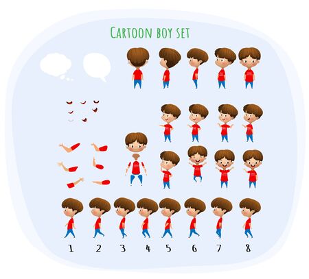 Cute young male boy character set for animation with various views,, emotions, poses and gestures and walking cycle. School equipment set. Isolated vector illustrationのイラスト素材