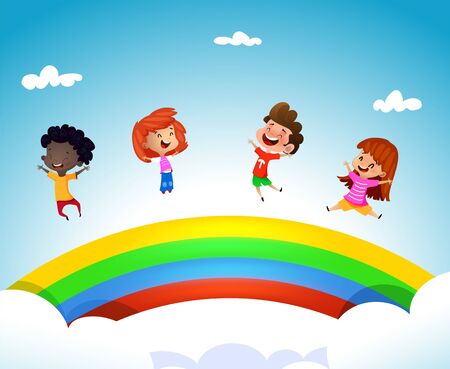 Cartoon children having fun ona rainbow. Vector summer illustrationのイラスト素材