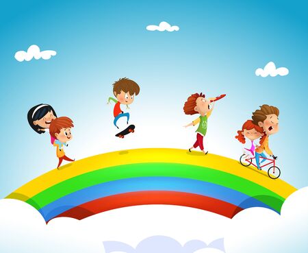 Illustration of kids of different ethnicities playing on a rainbow. Vectorのイラスト素材