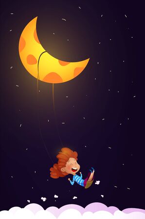 Girl riding a swing in the night. Dreaming and sleeping concept. Vectorのイラスト素材
