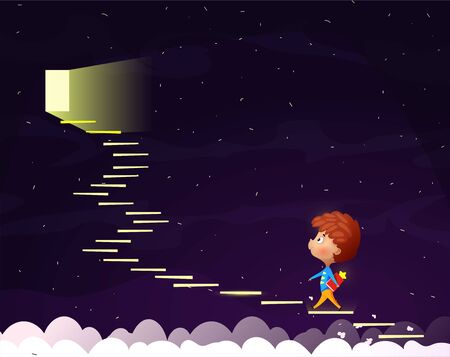 Cartoon boy goes up the stairs to the moonlight door. Conceptual image on the topic of reading and self-education.のイラスト素材