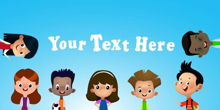 Vector illustration of different kids on blue sky banner. Vectorのイラスト素材