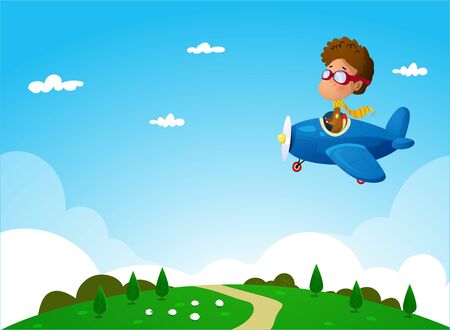 illustration of cartoon Boy flying on plane under the rural landscape.Vectorのイラスト素材