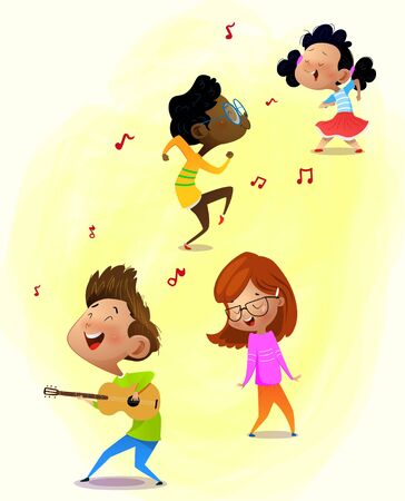Cute little girl playing guitar instrument with happy face expression. Cartoon vectorのイラスト素材