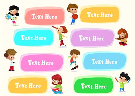 Set of cartoon kids: they taking pictures, playing with the ball, playing the guitar, riding a skateboard, singing, riding a scooter, singing. Vectorのイラスト素材