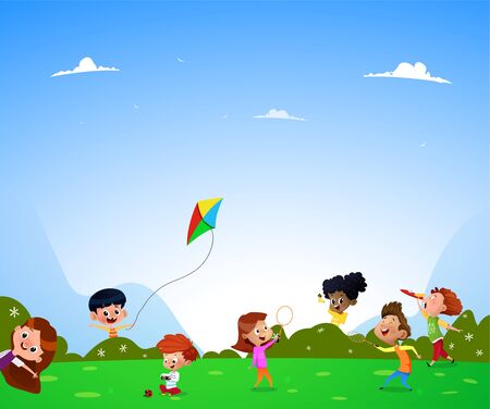 Children playing on the lawn. They taking photo, playing with kite, plating with toy. Vectorのイラスト素材