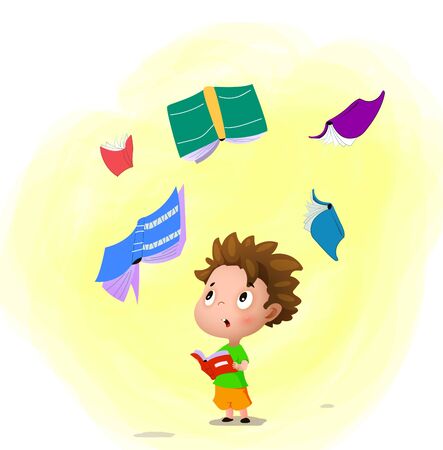 The cartoon boy with the book in his hands. More books are flying around. Reading concept. Vectorのイラスト素材