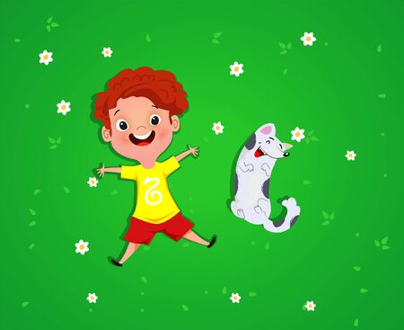 Boy lies with the dog on the grass. Vector illustration cartoon designのイラスト素材