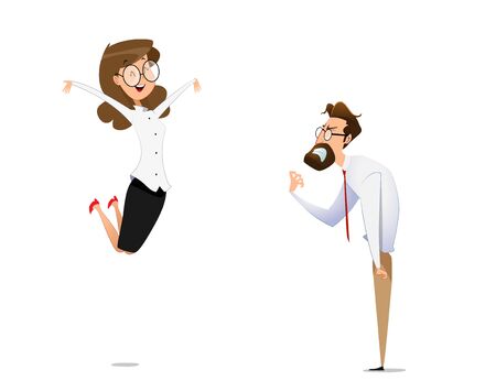 A female businessman rejoices in victory, and her competitor is angry. Business competition conceptのイラスト素材