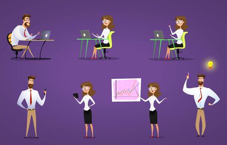 Businessman and businesswoman set. Thery work with laptop and mobile apps. Vectorのイラスト素材