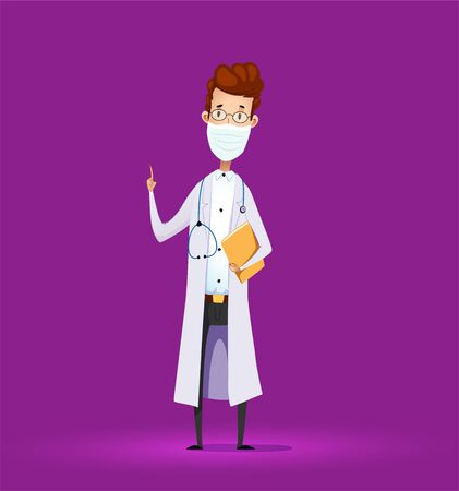 Cartoon doctor in medical lab coat lab with finger up. covid-19. Vectorのイラスト素材