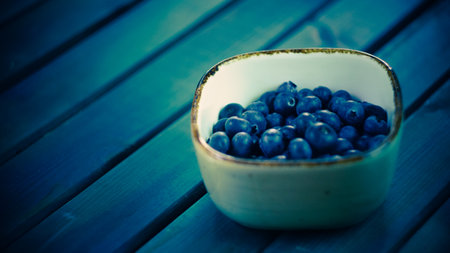 fresh organic blueberries sweet wholesome rustic on wooden table in farm close up top view