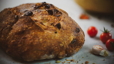 vegetables with fresh organic fruits and vegetable food. healthy diet rustic farmhouse style homemade bread red Himalayan saltの写真素材