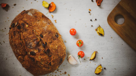 vegetables with fresh organic fruits and vegetable food. healthy diet rustic farmhouse style homemade bread red Himalayan saltの写真素材