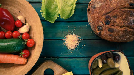 vegetables with fresh organic fruits and vegetable food. healthy diet rustic farmhouse style...