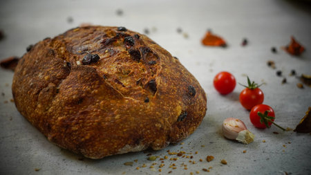vegetables with fresh organic fruits and vegetable food. healthy diet rustic farmhouse style homemade bread red Himalayan saltの写真素材