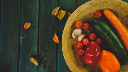 vegetables with fresh organic fruits and vegetable food. healthy diet rustic farmhouse style...