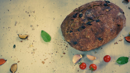 vegetables with fresh organic fruits and vegetable food. healthy diet rustic farmhouse style homemade bread red Himalayan saltの写真素材