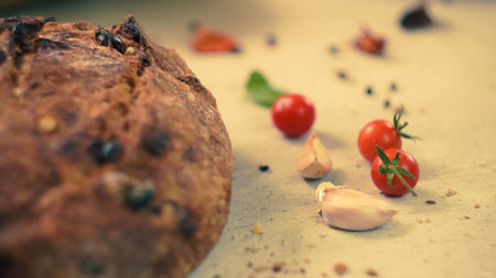 vegetables with fresh organic fruits and vegetable food. healthy diet rustic farmhouse style homemade bread red Himalayan saltの写真素材