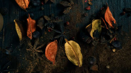 cinnamon ground sticks ceremony cocoa cloves ground coffee spices on wooden table closeupの写真素材