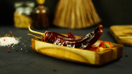 hot dry chili peppers fresh cherry tomatoes salad ingredients rustic kitchenの写真素材