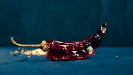 hot dry chili peppers fresh cherry tomatoes salad ingredients rustic kitchenの写真素材