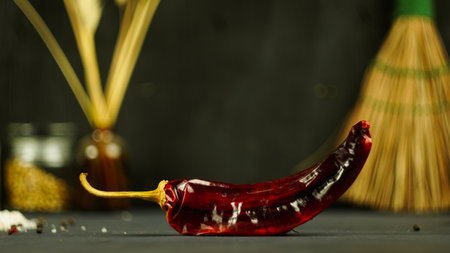 hot dry chili peppers fresh cherry tomatoes salad ingredients rustic kitchenの写真素材