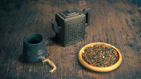chinese teapot green healthy tea traditional tea ceremony wooden background interior