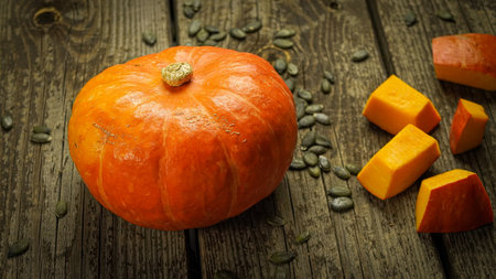 Healthy ripe pumpkin and pumpkin seeds in rustic vintage farm styleの写真素材