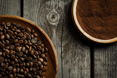 Black roasted coffee beans. Cezva cup coffee glass rustic style Turkish ground coffeeの写真素材