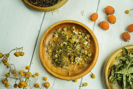 Chamomile Herbal Tea Health Tea Ingredients Clove Saffron Verbena Louise Ginger Rustic Lemon and Sageの写真素材