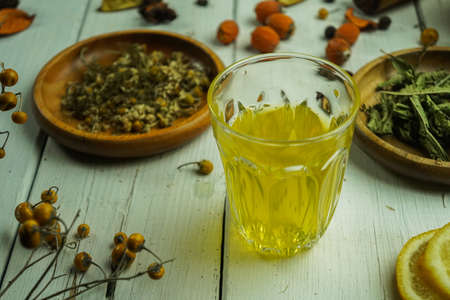 Chamomile Herbal Tea Health Tea Ingredients Clove Saffron Verbena Louise Ginger Rustic Lemon and Sageの写真素材