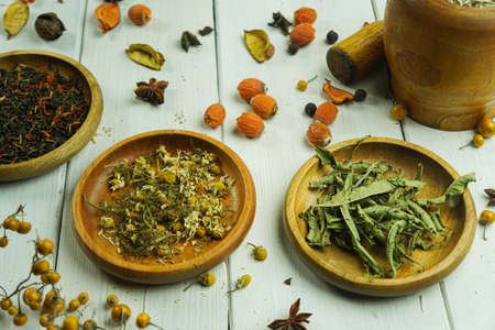 Chamomile Herbal Tea Health Tea Ingredients Clove Saffron Verbena Louise Ginger Rustic Lemon and Sageの写真素材