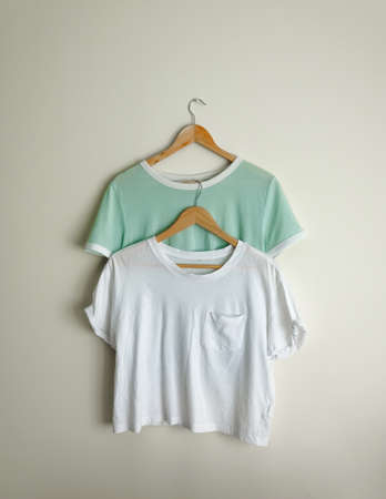 Two T-shirt Hanging on Hanger Minimal Design Laundry Conceptの写真素材