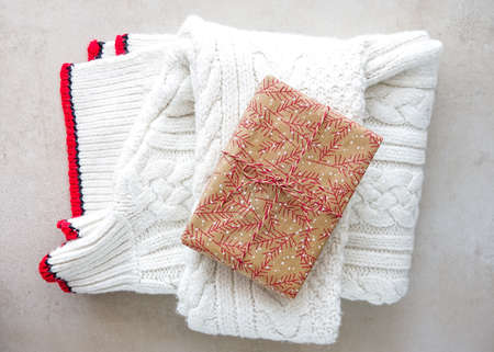 Warm Winter White Female Woolen Knitted White Sweater and Rustic Handmade Christmas Gift in Stack...