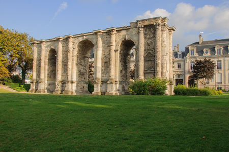 Porte Mars - An ancient Roman triumphal arch in Reims, France  It dates from the third century AD, and was the widest arch in the Roman worldの写真素材