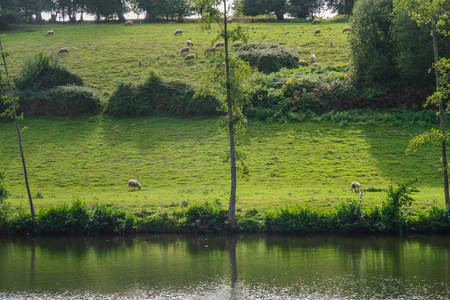 The Orne river and nearby fields, near the villages of Clecy and Le Vey, in Normandy, France  This region is known as Swiss Normandyの写真素材