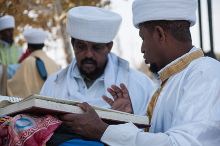 JERUSALEM - OCT 31  Kessim, religious leaders of the Ethiopian Jews, prepare for the Sigd prayers - Oct  31, 2013 in Jerusalem, Israel  The Sigd is an annual holyday of the Ethiopian Jews のeditorial素材