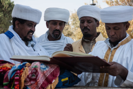 JERUSALEM - OCT 31  Kessim, religious leaders of the Ethiopian Jews, prepare for the Sigd prayers - Oct  31, 2013 in Jerusalem, Israel  The Sigd is an annual holyday of the Ethiopian Jews のeditorial素材