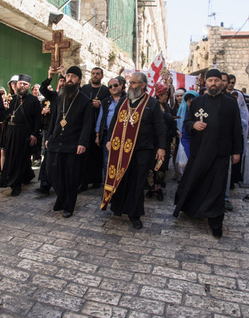 JERUSALEM - APRIL 18, 2014  The Jerusalem Greek Orthodox Patriarchate commemorating the crucifixion of Jesus Christ in via dolorosa, on good Friday, in the old city of Jerusalem, Israelのeditorial素材