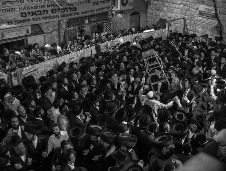 MERON, ISRAEL - MAY 18, 2014  Orthodox Jews dance at the annual hillulah of Rabbi Shimon Bar Yochai, in Meron, on Lag BaOmer Holiday  This is an annual celebration at the tomb of Rabbi Shimonのeditorial素材