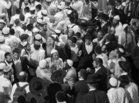 MERON, ISRAEL - MAY 18, 2014  Orthodox Jews dance at the annual hillulah of Rabbi Shimon Bar Yochai, in Meron, on Lag BaOmer Holiday  This is an annual celebration at the tomb of Rabbi Shimonのeditorial素材