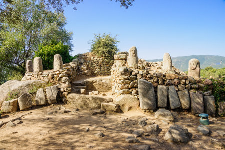 FILITOSA, FRANCE - OCTOBER 09, 2014: Menhirs in the megalithic archaeological site of Filitosa, Corsica, France. Filitosa is one of the major sites of Corsican Prehistoryのeditorial素材