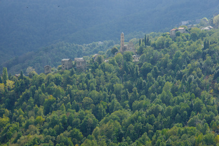 Mountain villages and landscape in Castagniccia area, near roads D71 and D506, in Haute-Corse, Corsica, Franceの写真素材
