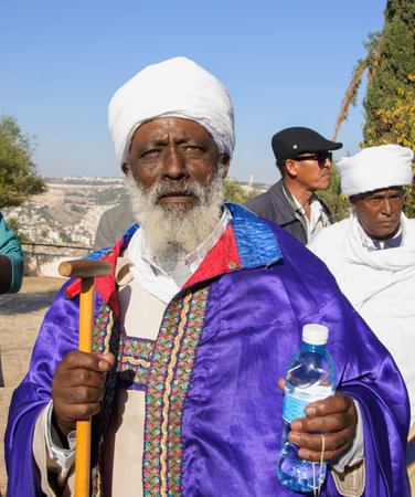 JERUSALEM - NOV 20, 2014: Portrait of a Kes, religious leader of the Ethiopian Jews, leaving the Sigd prays, in Jerusalem, Israel. The Sigd is an annual holiday of the Ethiopian Jewsのeditorial素材