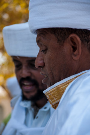 JERUSALEM - OCT 31, 2013: Kessim, religious leaders of the Ethiopian Jews, prepare for the Sigd prays in Jerusalem, Israel. The Sigd is an annual holiday of the Ethiopian Jews.のeditorial素材