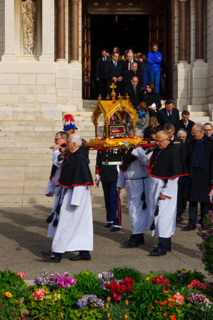 MONACO-VILLE, MONACO - JAN 27, 2015: The relics of Saint Devota are being carried out of the...