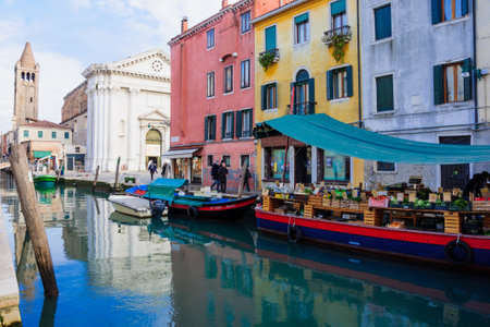 VENICE, ITALY - FEB 04, 2015: Scene of the church of San Barnaba, with local and tourists, in Venice, Veneto, Italyのeditorial素材